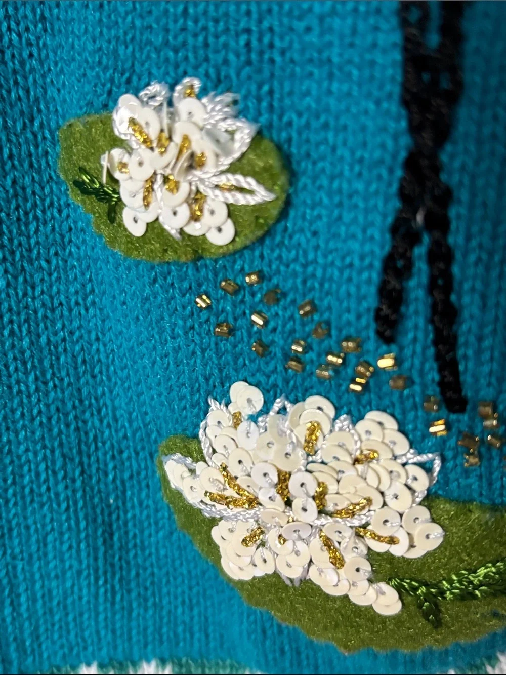 STORYBOOK Knit Teal Embroidered Crane V-Neck Cardigan with Floral Trim Size M